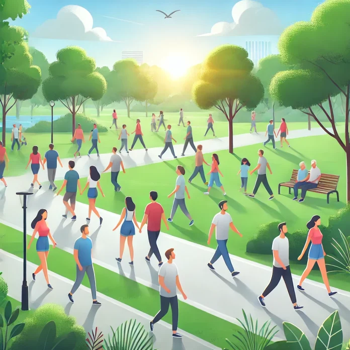 DALL·E 2024-10-22 08.17.34 - A group of people walking outdoors in a park during the day, representing a healthy daily walking routine. Some are walking briskly, while others walk