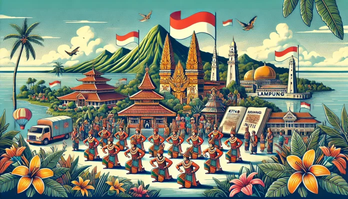DALL·E 2024-12-24 11.03.57 - An illustration showcasing the rich cultural heritage of Lampung, Indonesia. The scene features traditional Lampung dancers in colorful attire perform